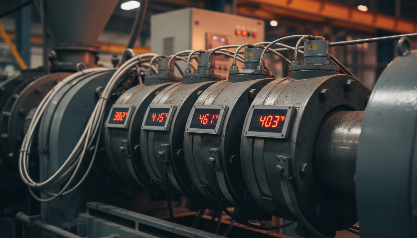 Close-up photograph of an industrial extruder barrel with multiple temperature control zones and digital temperature displays showing readings between 380-470 degrees Fahrenheit